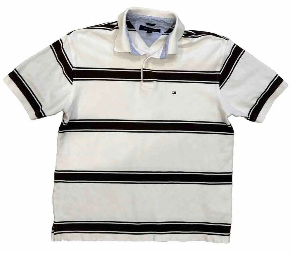 Preppy Tommy Hilfiger Polo Shirt Striped Mens XL Black White Cotton